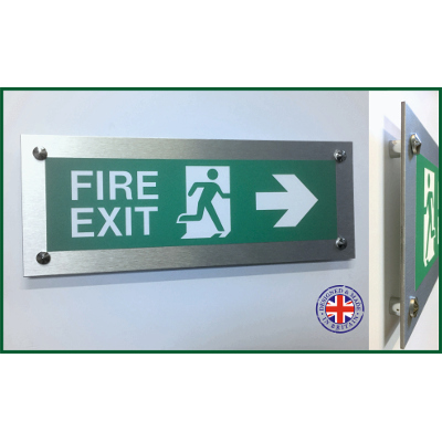 Fire Exit - Brushed Silver Wall Mounted with arrow